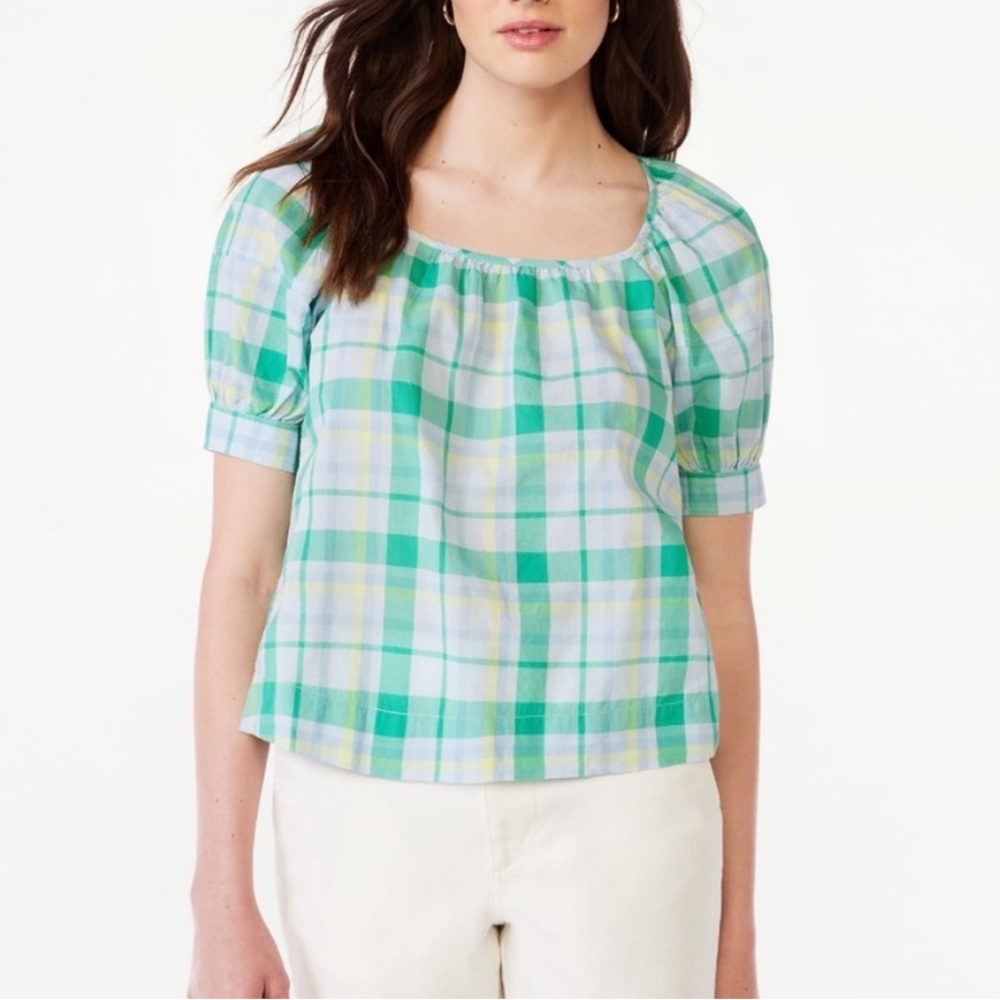NEW Free Assembly Western Peasant Farm Plaid Blouse Puff Sleeve Blue Green L